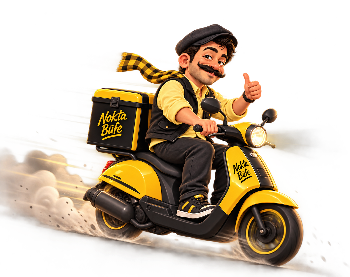 Nokta Büfe kurye karakteri sarı scooter üzerinde